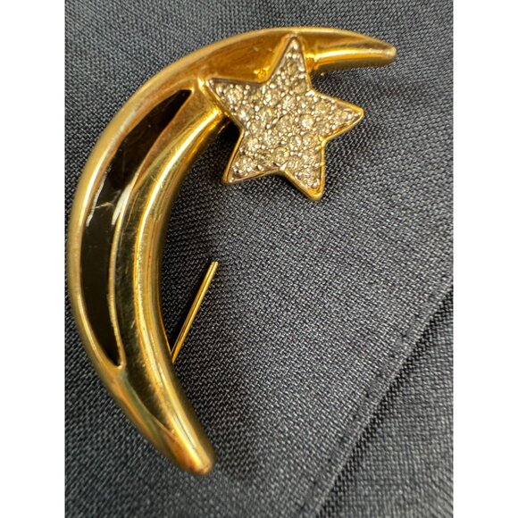 Vintage Gold-Tone Crescent Moon & Star Brooch With Rhinestones & Black Enamel - Picture 6 of 16